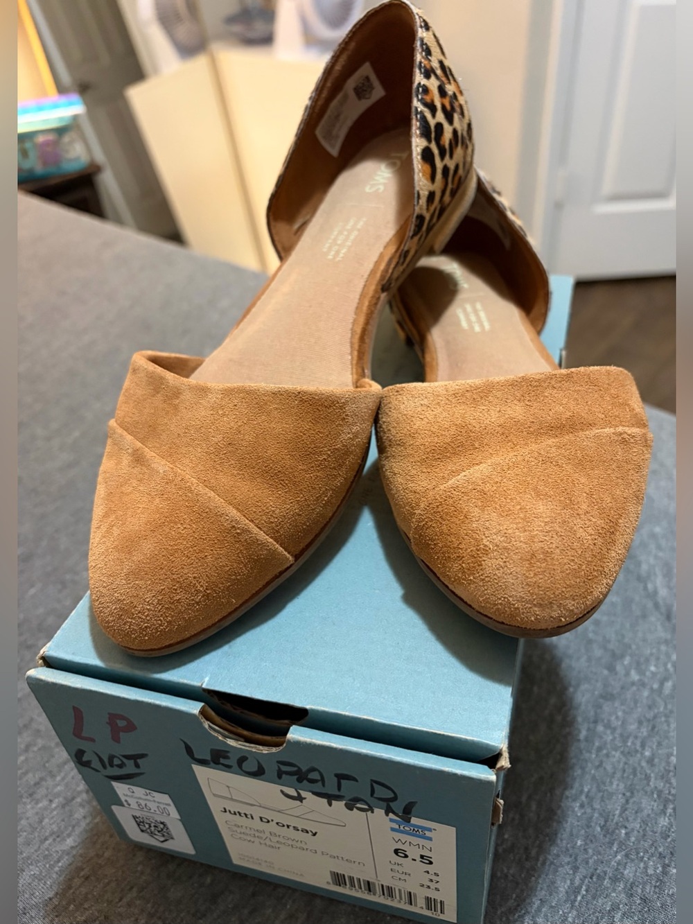 TOMS Jutti D'orsay Flats in Carmel Brown Suede with Leopard Pattern Cow Hair - Picture 11 of 11